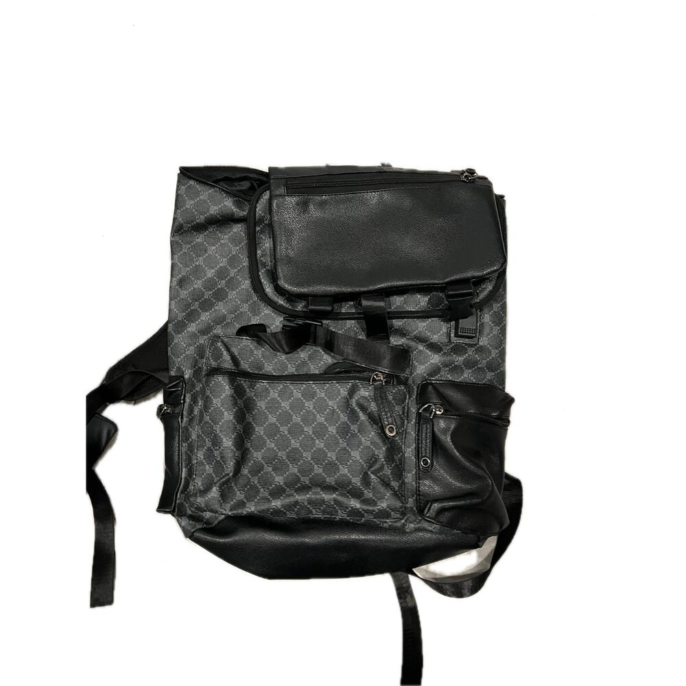 Top Loading Faux Leather Black Print Backpack
